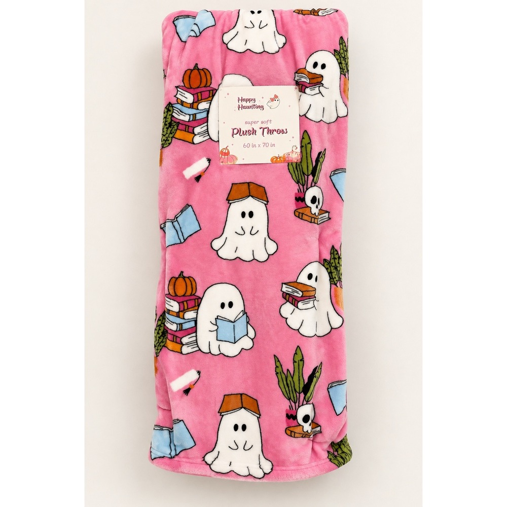 NEW Happy Haunting Plush Throw Blanket Ghost Book Pumpkin Halloween Decor